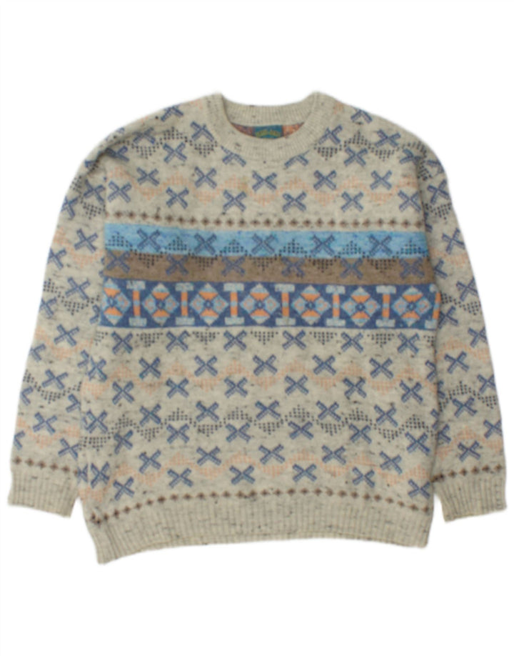 Vintage męski sweter z dekoltem w łódkę, średnioszary, geometryczny wełniany