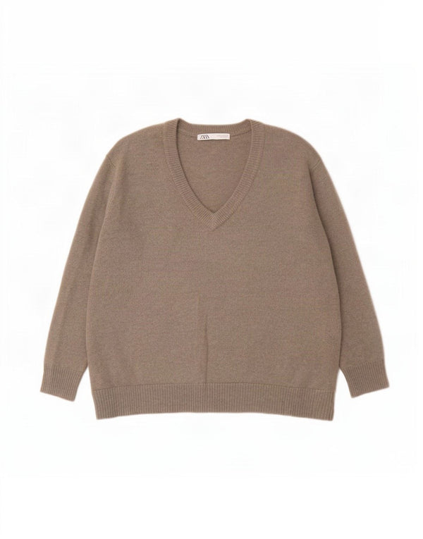 Damski sweter oversize z dekoltem w kształcie litery V, Zara UK 14, średni kaszmir khaki