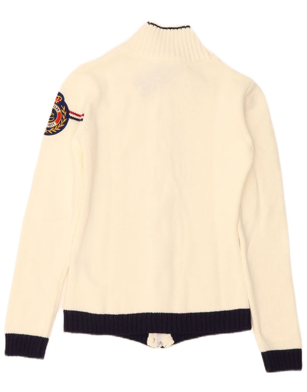 Sweter damski w stylu vintage, UK 6 XS, biały akryl z blokami kolorów