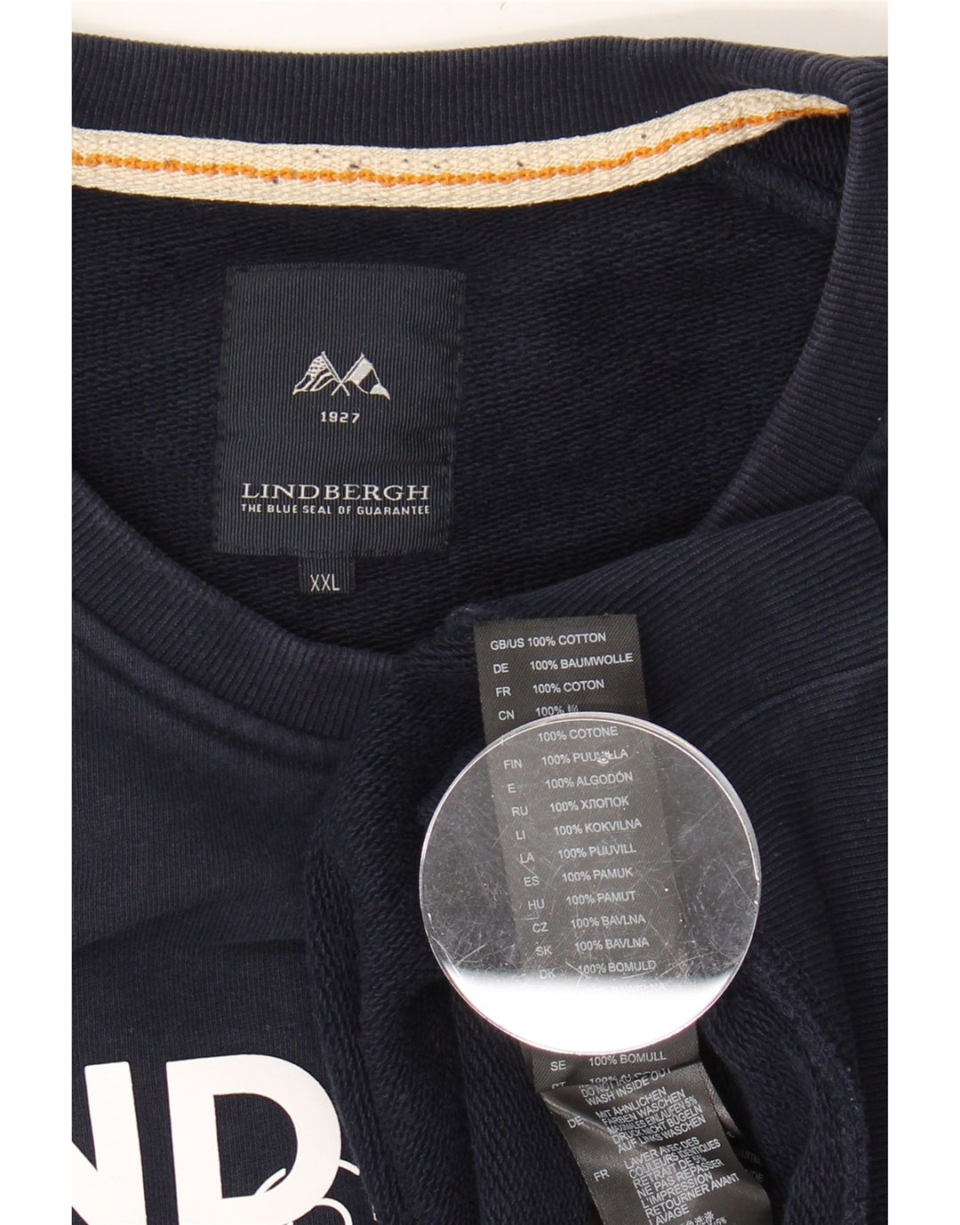 LINDBERGH Mens Graphic Sweatshirt Jumper 2XL Navy Blue Cotton Vintage Lindbergh and Second-Hand Lindbergh from Messina Hembry 