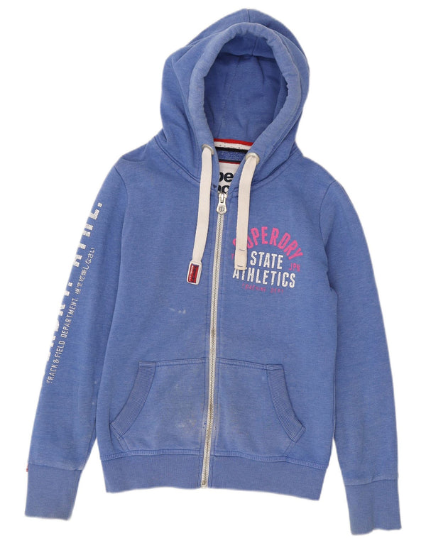 Damski sweter z kapturem Superdry z grafiką i zamkiem błyskawicznym UK 10, mały, niebieski, bawełniany
