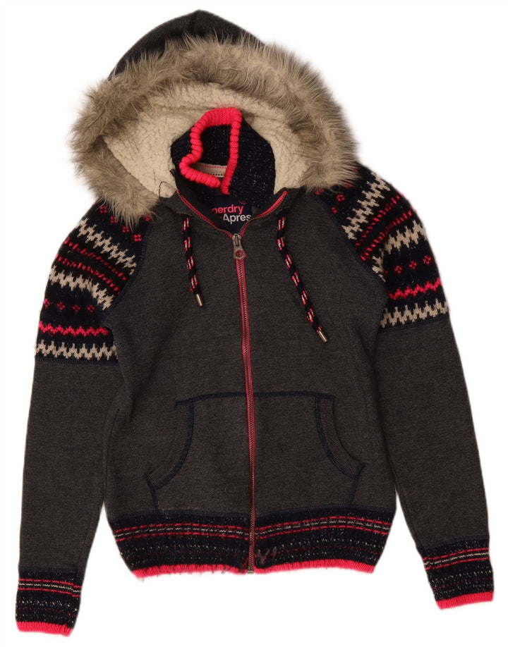 Damski sweter z kapturem i zamkiem Superdry UK 10, mały, szary, jodełkowy poliester
