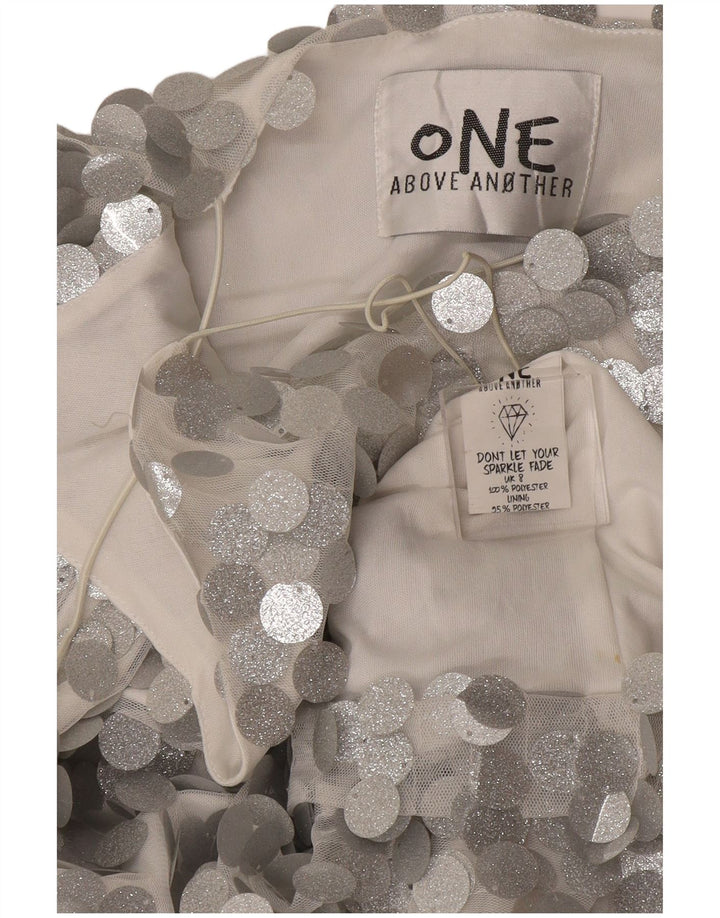 Vintage damski top na ramiączkach UK 12, średni srebrny poliester