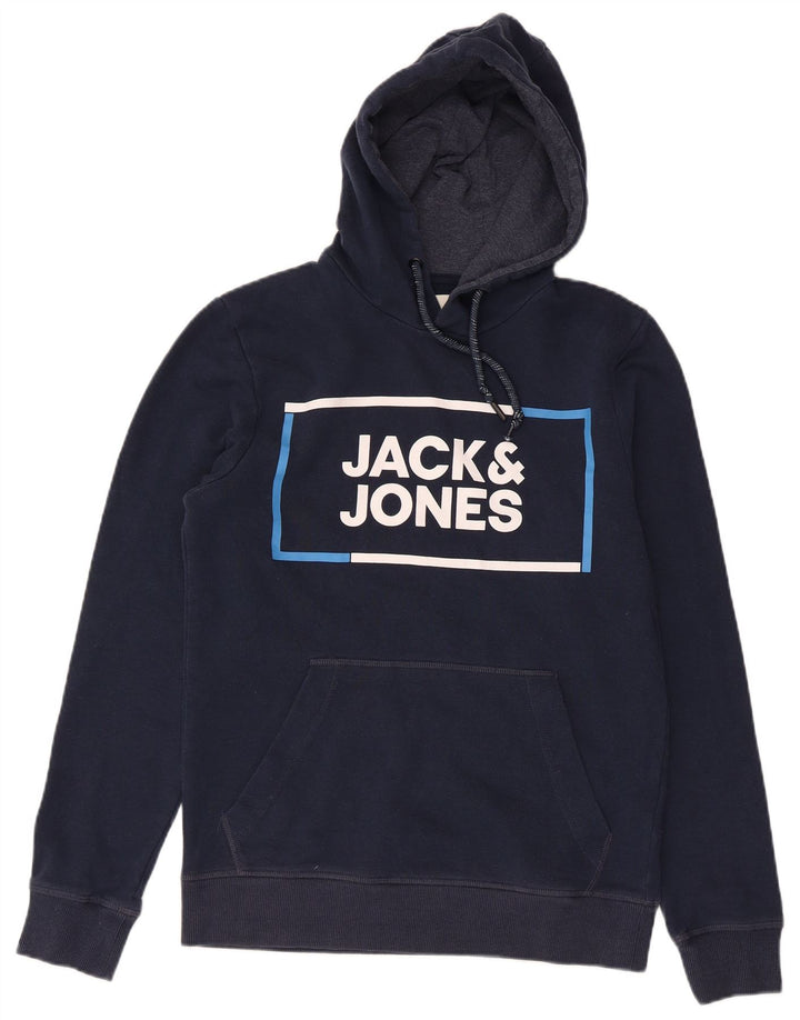Męski sweter z kapturem i grafiką Jack & Jones, mały, granatowy, bawełniany