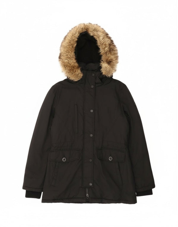 Damska kurtka parka z kapturem Superdry UK 12, średni czarny nylon