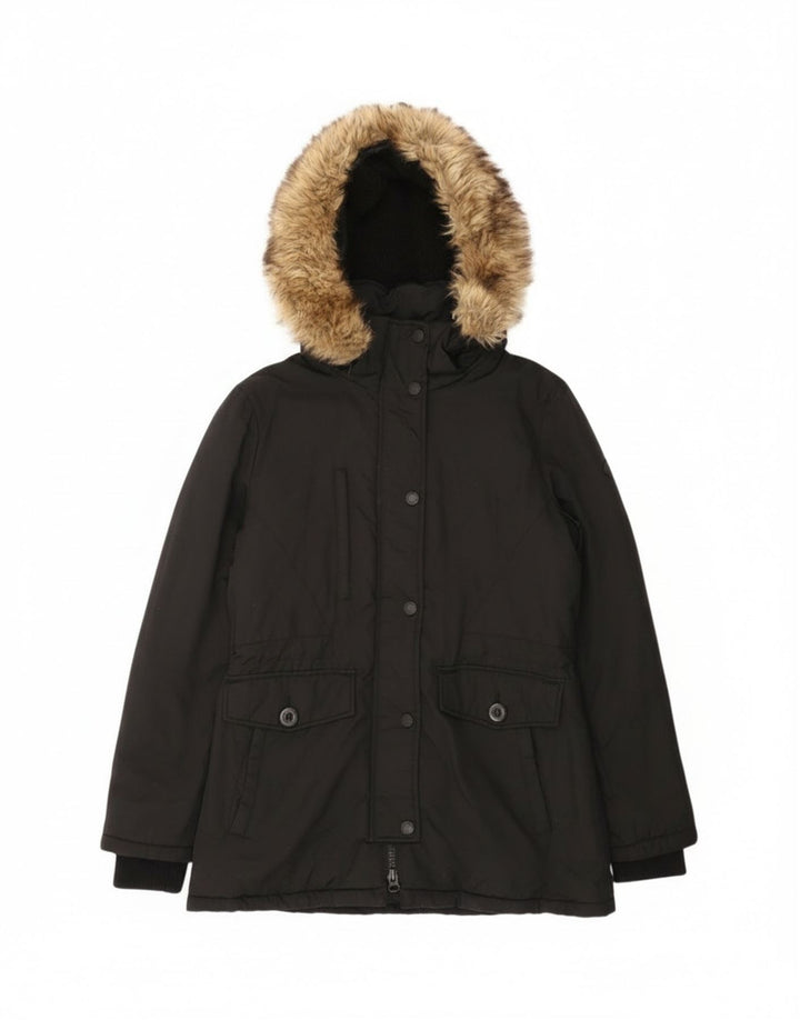 Damska kurtka parka z kapturem Superdry UK 12, średni czarny nylon