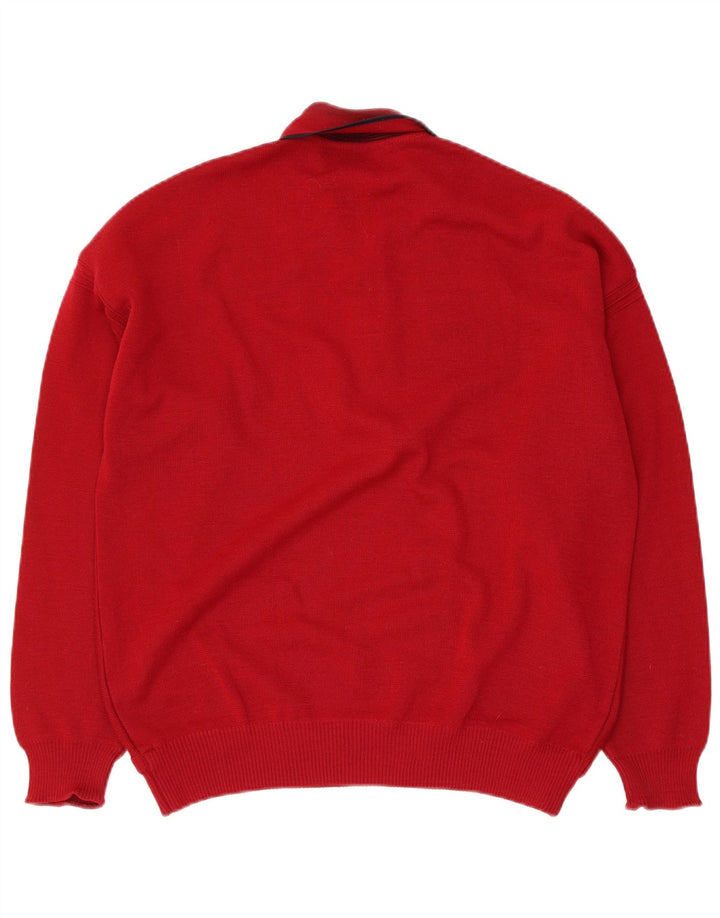 Vintage męski sweter z dekoltem w serek polo, średnio czerwony, geometryczny