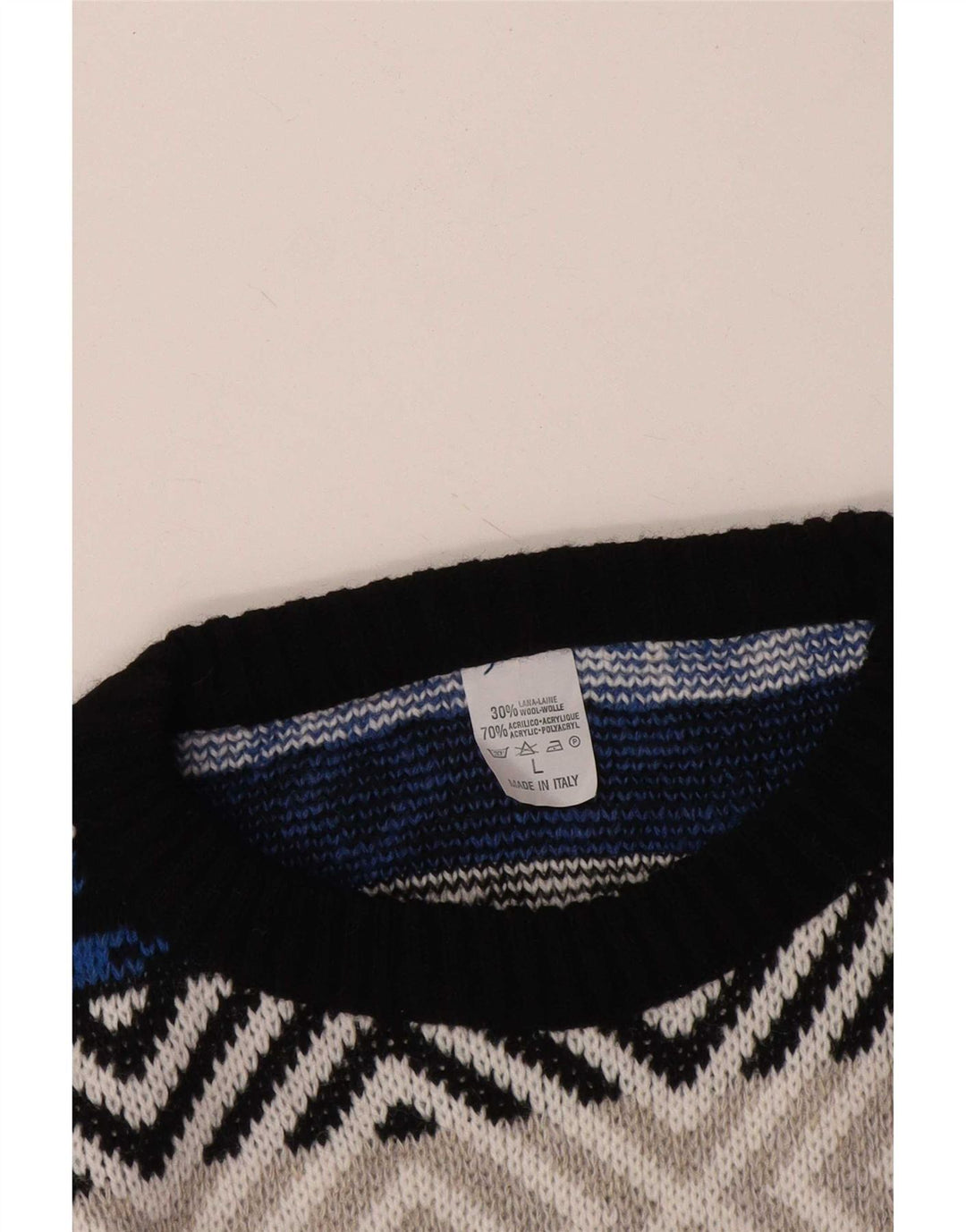 Vintage męski sweter z wycięciem pod szyją, duży, wielobarwny, geometryczny wełniany