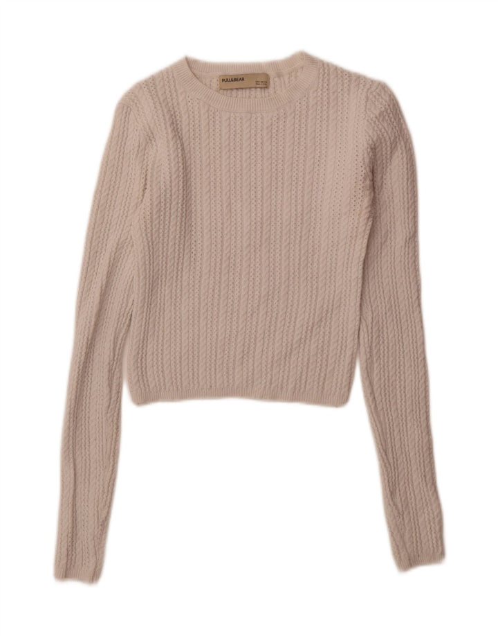 PULL & BEAR Womens Crop Crew Neck Jumper Sweater UK 8 Small White