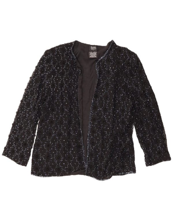 Rzadka damska otwarta marynarka UK 16, duża czarna jedwabna