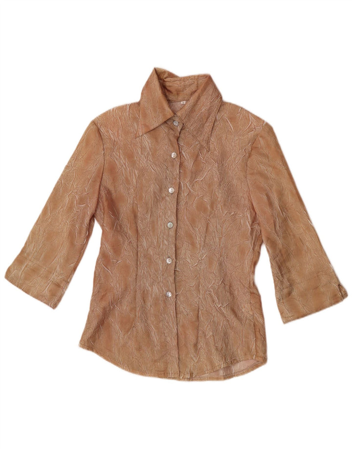 Damska bluzka koszulowa w stylu vintage z abstrakcyjnym wzorem i rękawem 3/4 UK 10 Small Brown