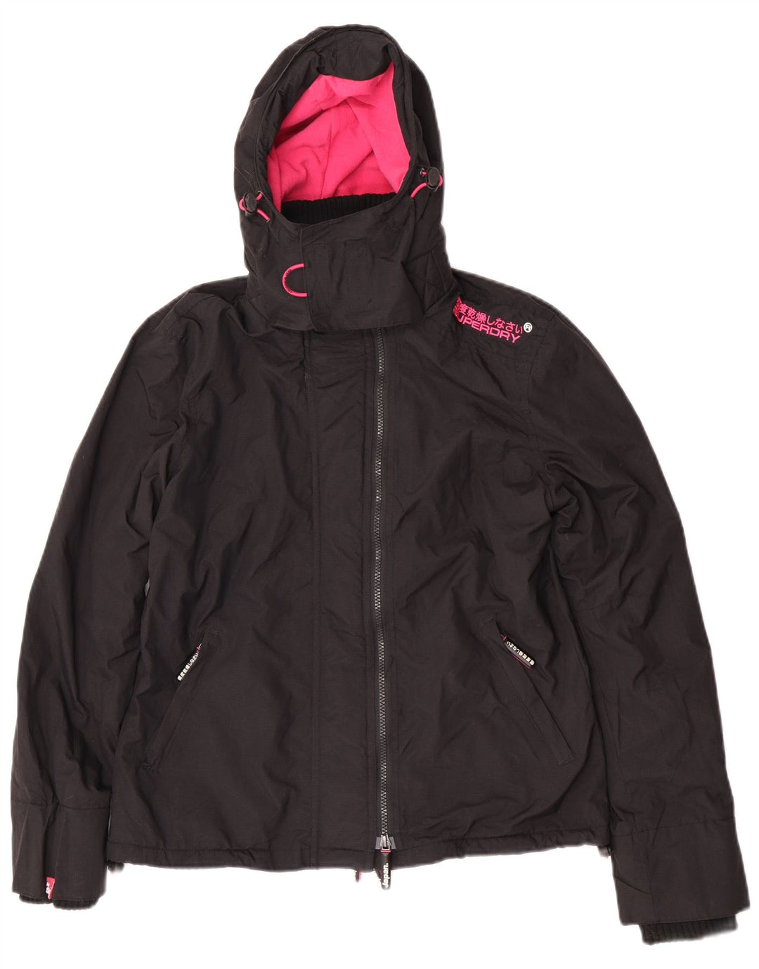Damska kurtka wiatrówka z kapturem Superdry UK 16, duża, czarna nylonowa