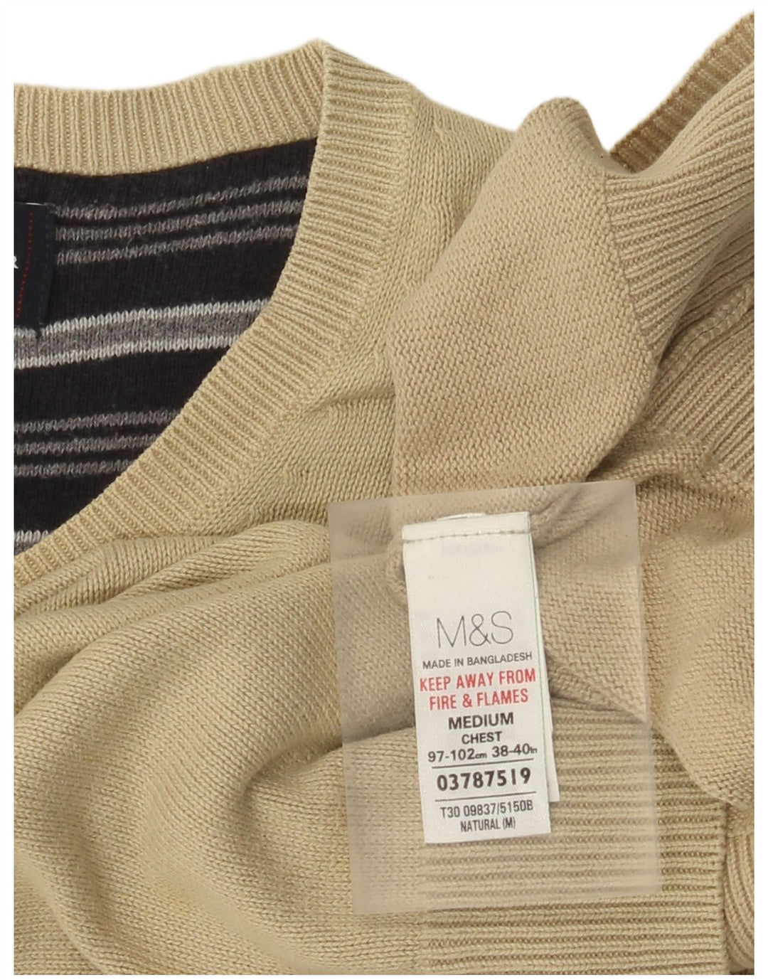 Męski sweter Marks & Spencer Blue Harbor z dekoltem w kształcie litery V, średnio beżowy, bawełniany