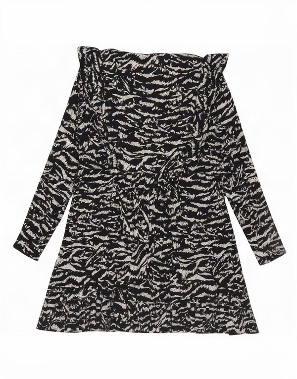 Zara Womens Long Sleeve Tiered Dress UK 14 Large Black Animal Print Viscose