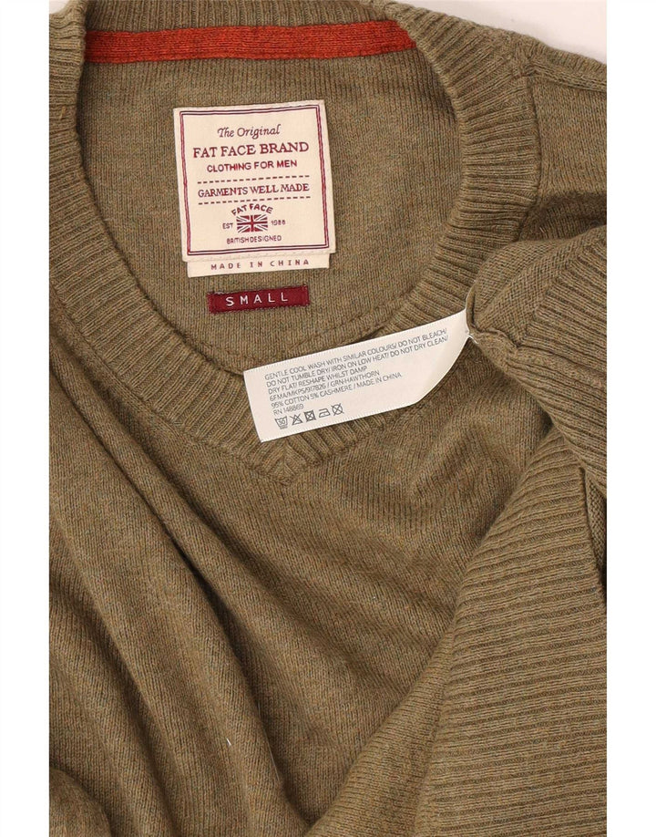 Męski sweter z dekoltem w serek Fat Face, mały, bawełniany khaki