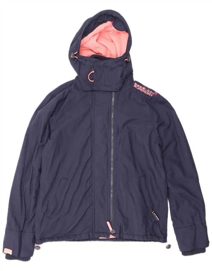 Damska kurtka wiatrówka z kapturem Superdry UK 16, duża, granatowa, nylonowa