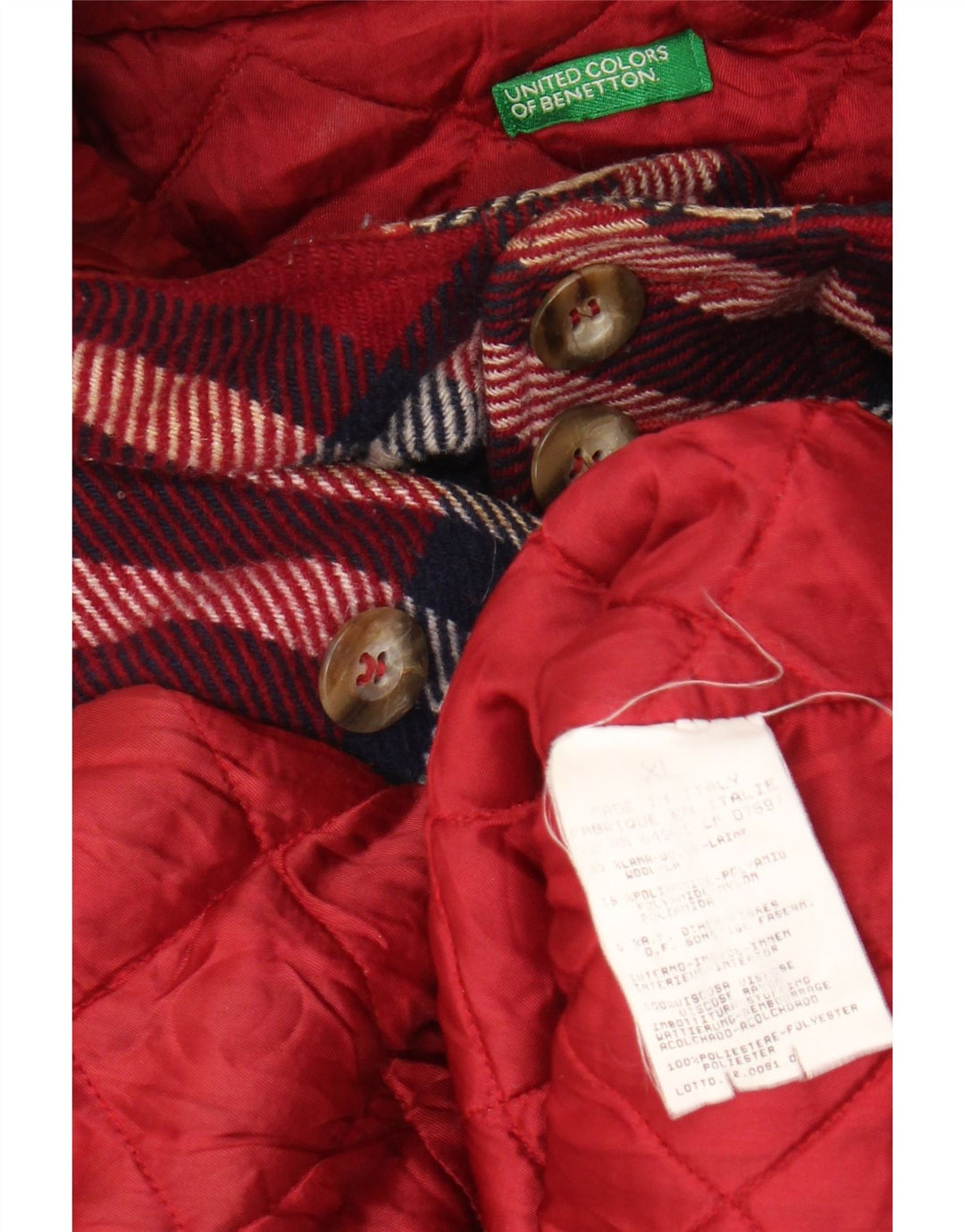 BENETTON Damski płaszcz z kapturem UK 18 XL, wełniany w czerwoną kratę