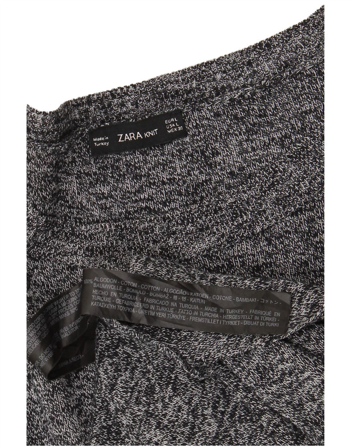 Damski sweter ZARA z dekoltem w łódkę UK 16, duży, szary, bawełniany w cętki