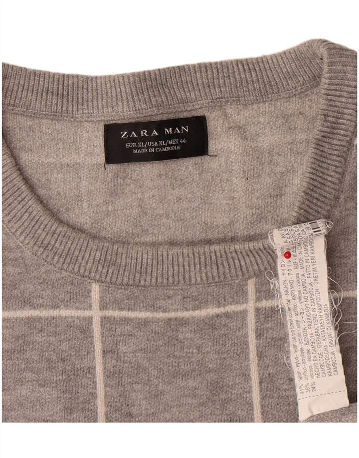 Męski sweter z okrągłym dekoltem Zara XL, szary nylon w kratkę