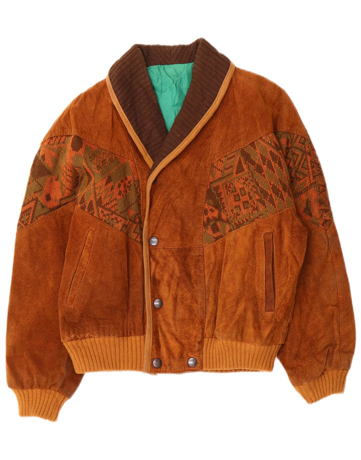 Vintage damska kurtka wiatrówka bomber zamszowa UK 14 średni brąz geometryczny