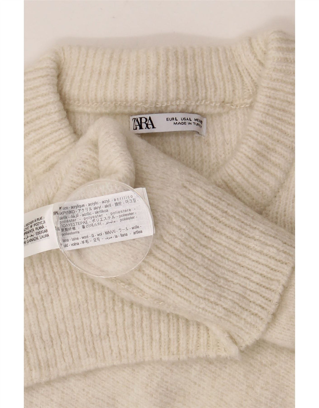 Męski sweter ZARA z okrągłym dekoltem, duży, beżowy, akrylowy