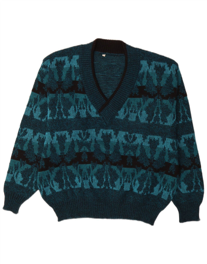 Męski sweter w stylu vintage z dekoltem w szpic IT 50 Średni niebieski Fair Isle