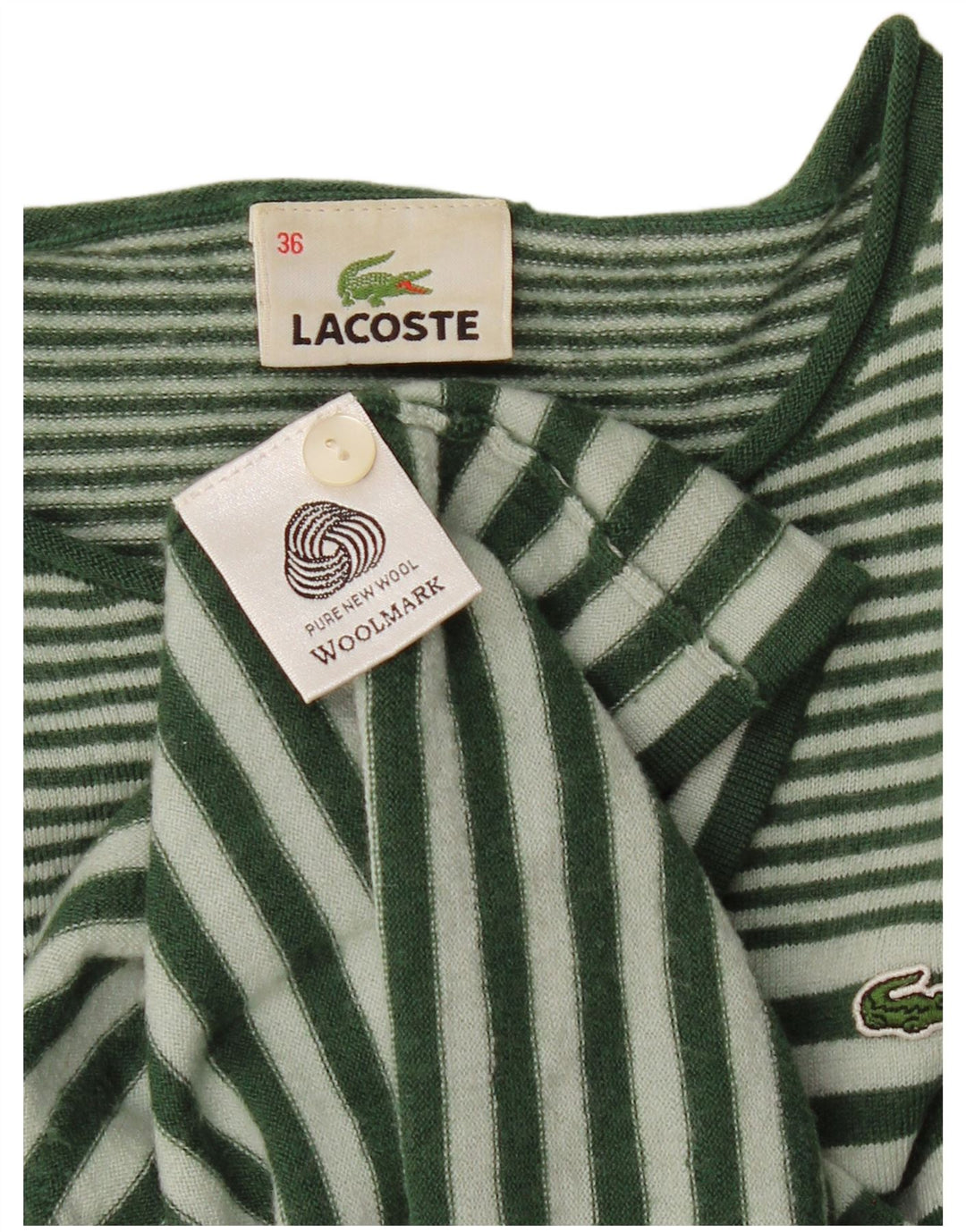Damski sweter Lacoste z dekoltem w łódkę, rozmiar 36, małe zielone paski
