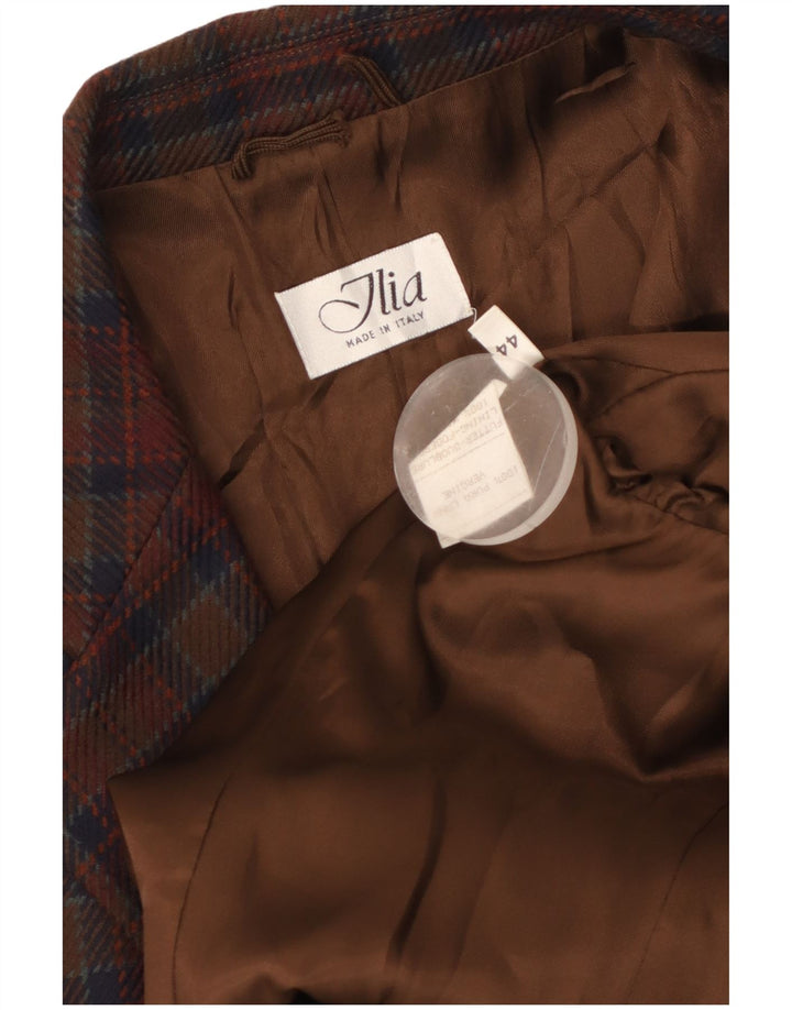 Damska marynarka VINTAGE zapinana na 2 guziki IT 44 Średni brąz w kratkę z dziewiczej wełny