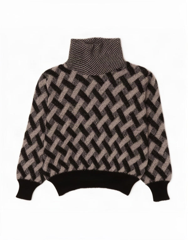 Sweter damski w stylu vintage z wywijanym dekoltem UK 16, duża czarna krata