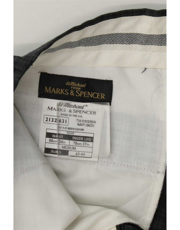 Męskie spodnie garniturowe Marks & Spencer W34 L31 Granatowa, wełniana kratka