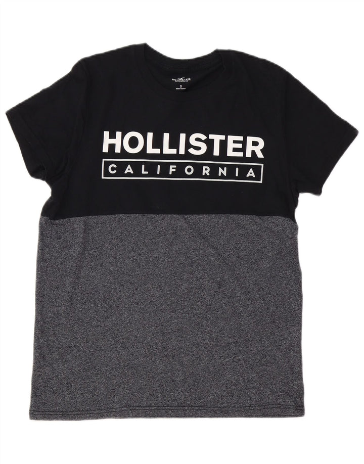 HOLLISTER Męski T-shirt z grafiką, mały, czarny, z blokami kolorów