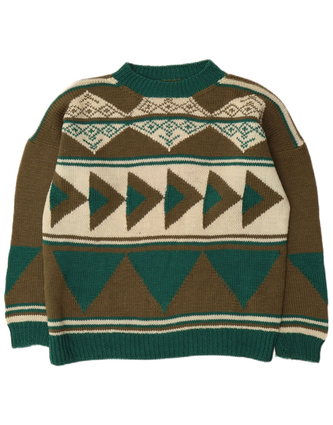 Vintage męski sweter z okrągłym dekoltem XL Khaki w geometrycznym kolorze