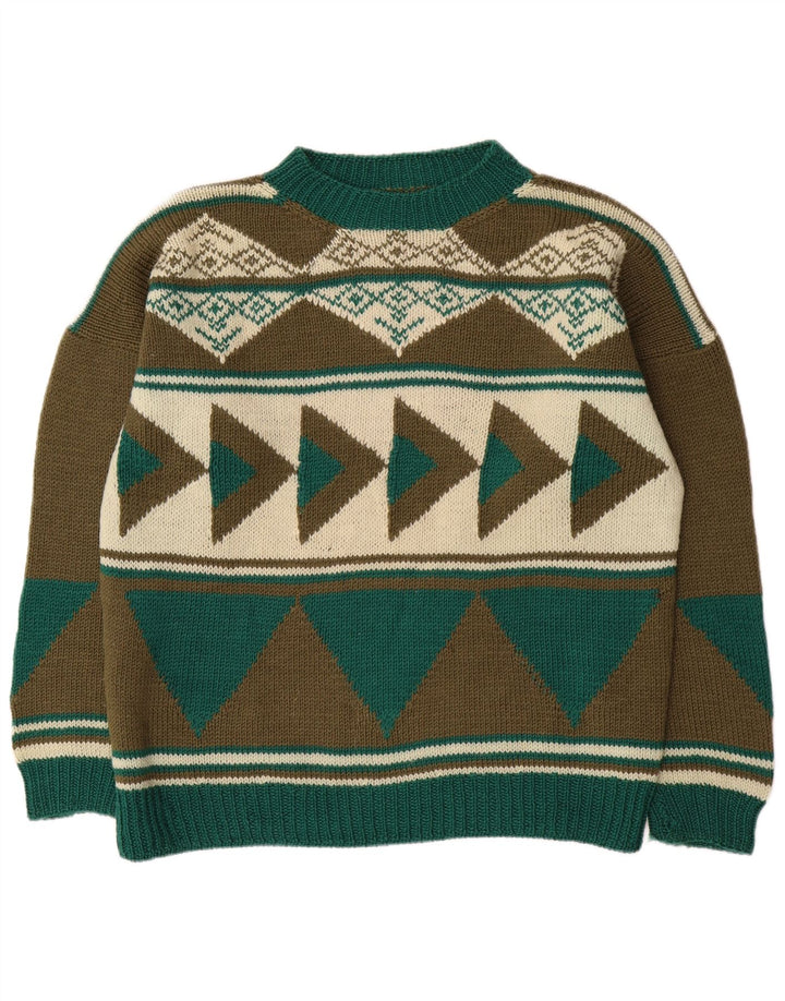 Vintage męski sweter z okrągłym dekoltem XL Khaki w geometrycznym kolorze