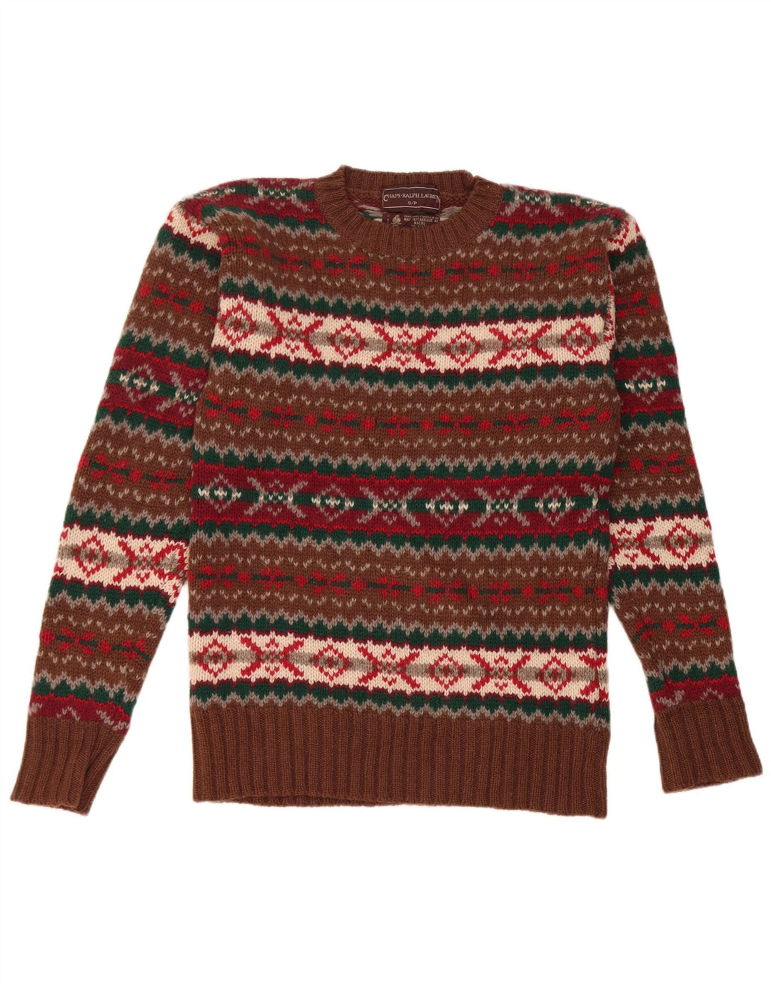 Męski sweter z wycięciem pod szyją Chaps, mały, brązowy, z czystej wełny Fair Isle