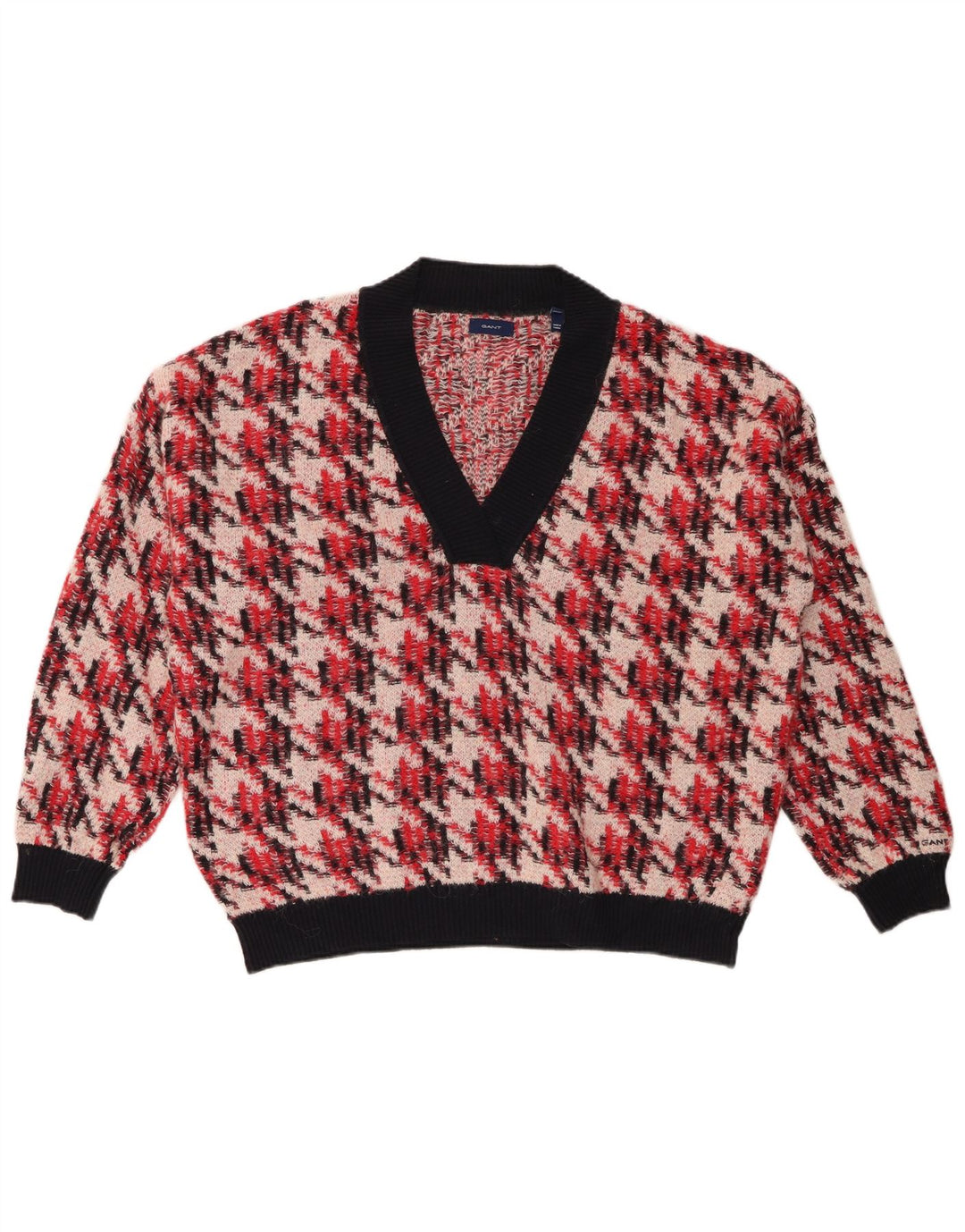 Damski sweter oversize GANT z dekoltem w kształcie litery V, UK 16, duży, czerwony w pepitkę
