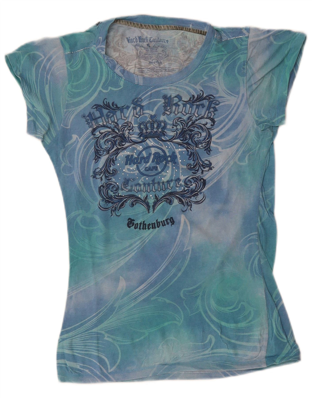 T-shirt damski HARD ROCK CAFE Couture Graphic Top UK 8 Small Blue Tie Dye