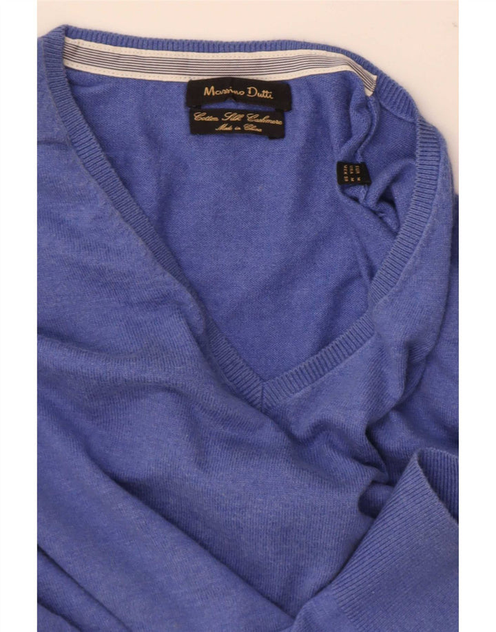 Męski sweter Massimo Dutti z dekoltem w kształcie litery V, średnioniebieski, bawełniany