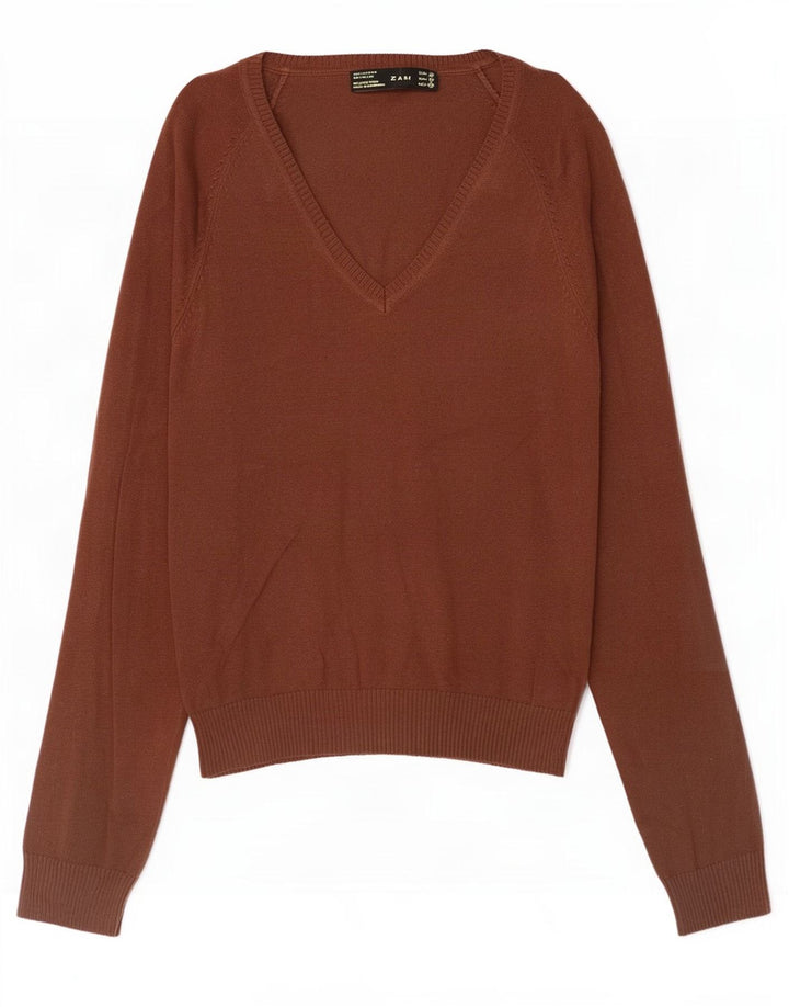 Sweter damski Zara z dekoltem w kształcie litery V, UK 12, średni brązowy, bawełniany