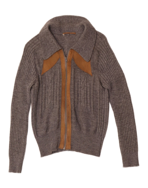 Sweter damski w stylu vintage, zapinany na zamek, UK 4 XS, szary, blok kolorów