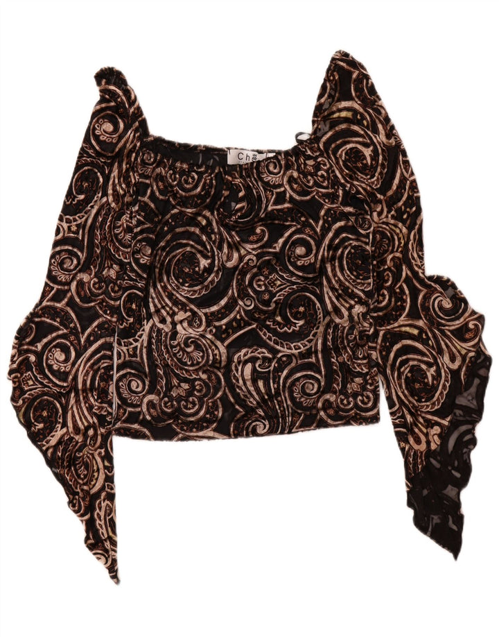 VINTAGE Womens Crop Off Shoulder Top UK 12 Medium Brown Paisley