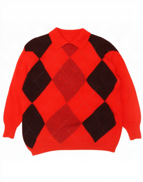 Vintage damski sweter polo UK 14 średni czerwony Argyle/Diament
