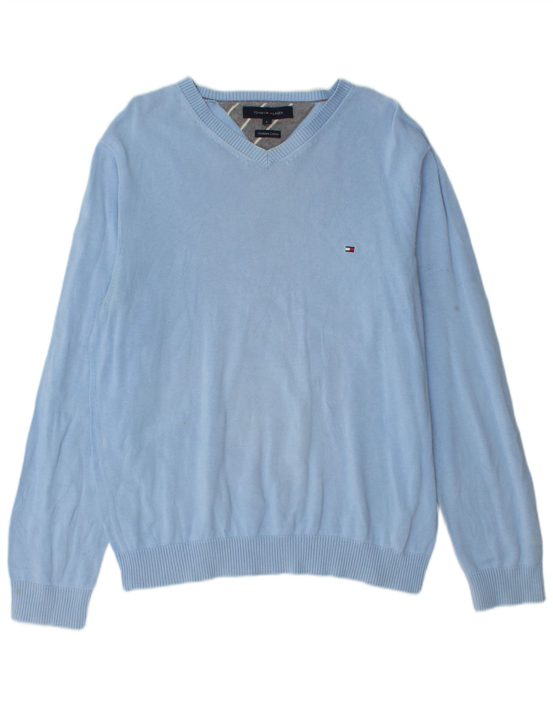 Męski sweter Tommy Hilfiger z dekoltem w kształcie litery V, duży, niebieski, bawełniany