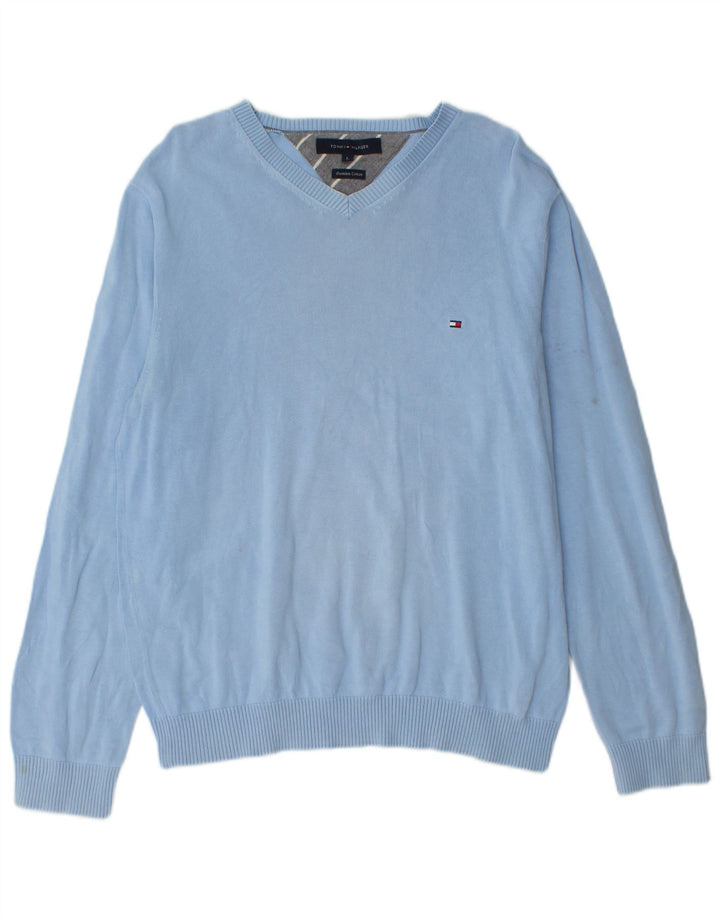 Męski sweter Tommy Hilfiger z dekoltem w kształcie litery V, duży, niebieski, bawełniany