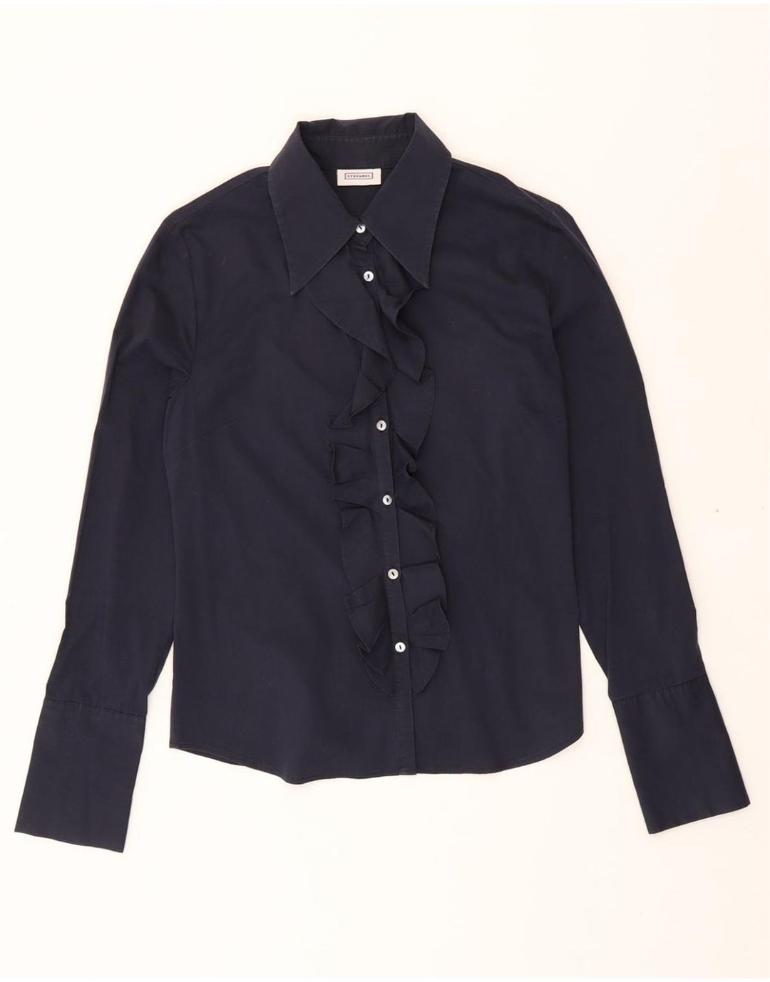STEFANEL Womens Ruffle Front Shirt UK 12 Medium Navy Blue Cotton Vintage Stefanel and Second-Hand Stefanel from Messina Hembry 