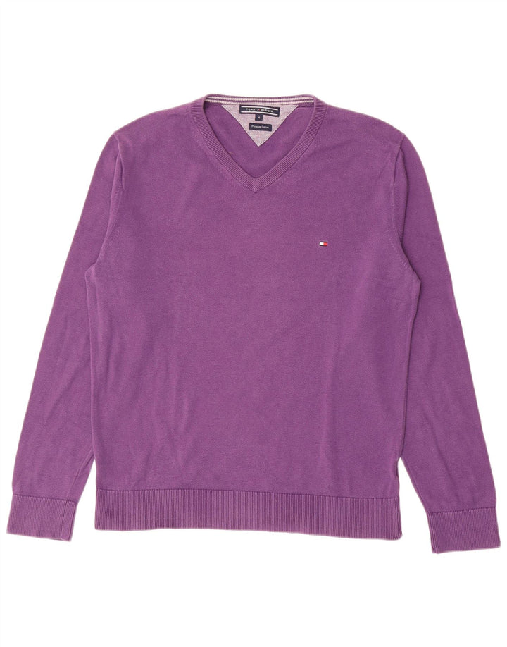 Męski sweter Tommy Hilfiger z dekoltem w kształcie litery V, średniofioletowy, bawełniany