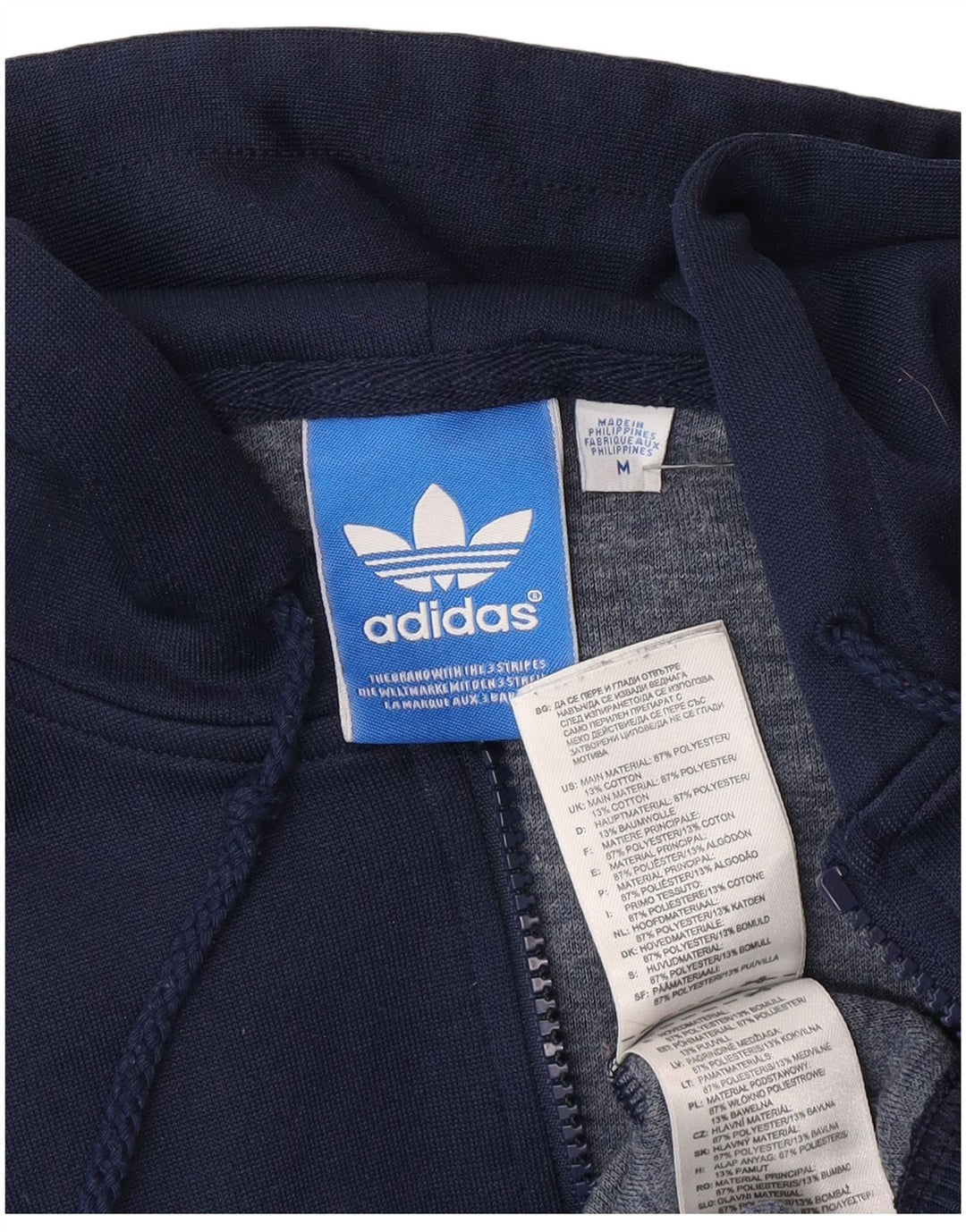 Męski sweter z kapturem i zamkiem błyskawicznym Adidas, średni granatowy poliester