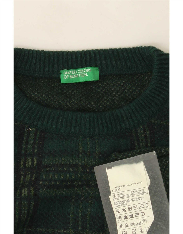 Męski sweter z okrągłym dekoltem Benetton XL, wełniany w zieloną kratkę
