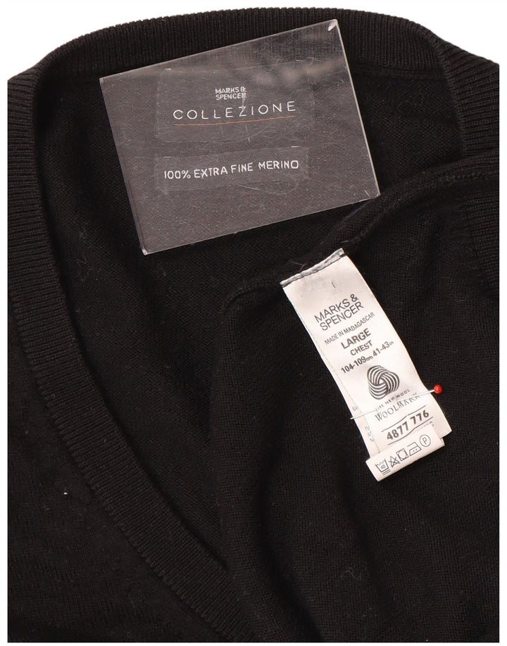 Marks & Spencer Męski sweter z dekoltem w kształcie litery V, duży, czarny, wełniany