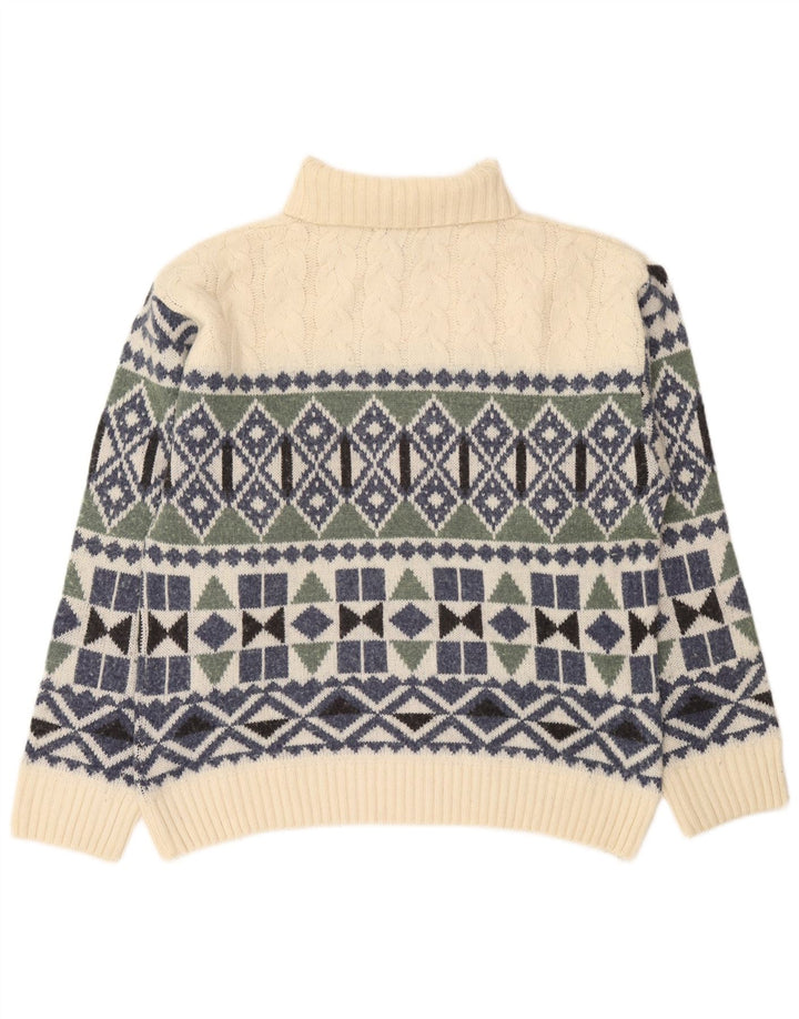 Vintage męski sweter z wywijanym dekoltem, średni, złamany biały geometryczny