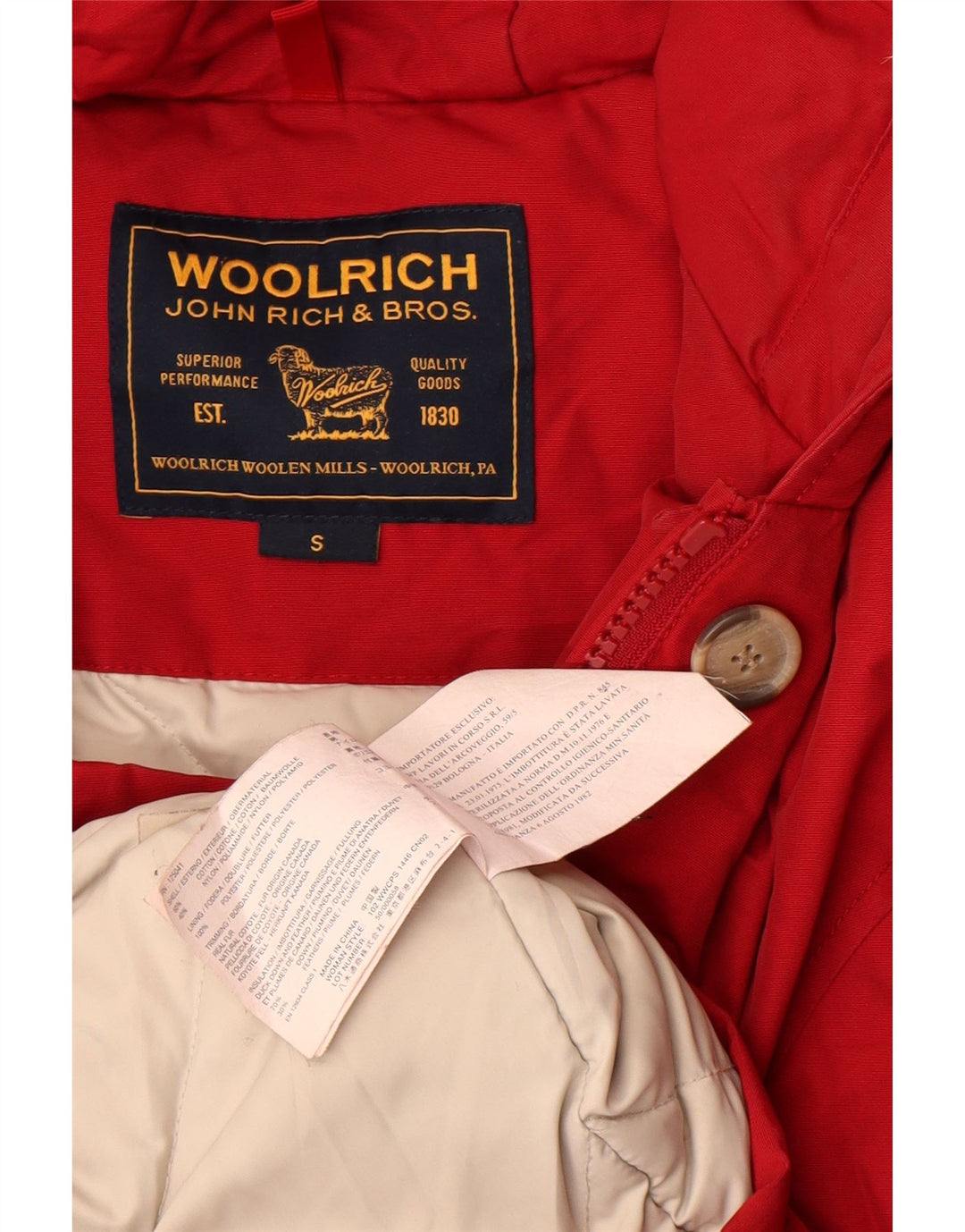 Damska ocieplana kurtka z kapturem Woolrich UK 10, mała, czerwona bawełna
